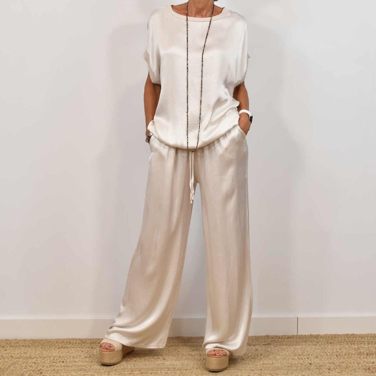 Chic Satin Set - Flowy Top & Wide Leg Pants