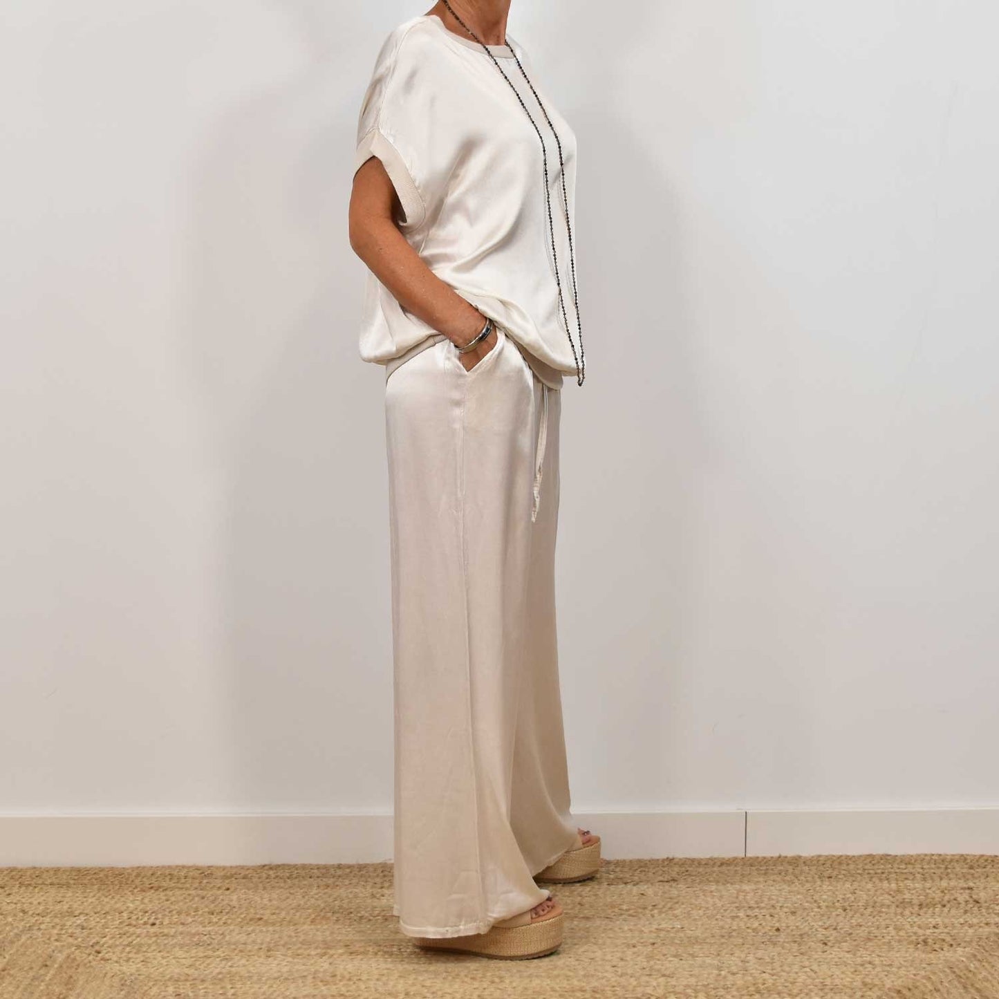 Chic Satin Set - Flowy Top & Wide Leg Pants