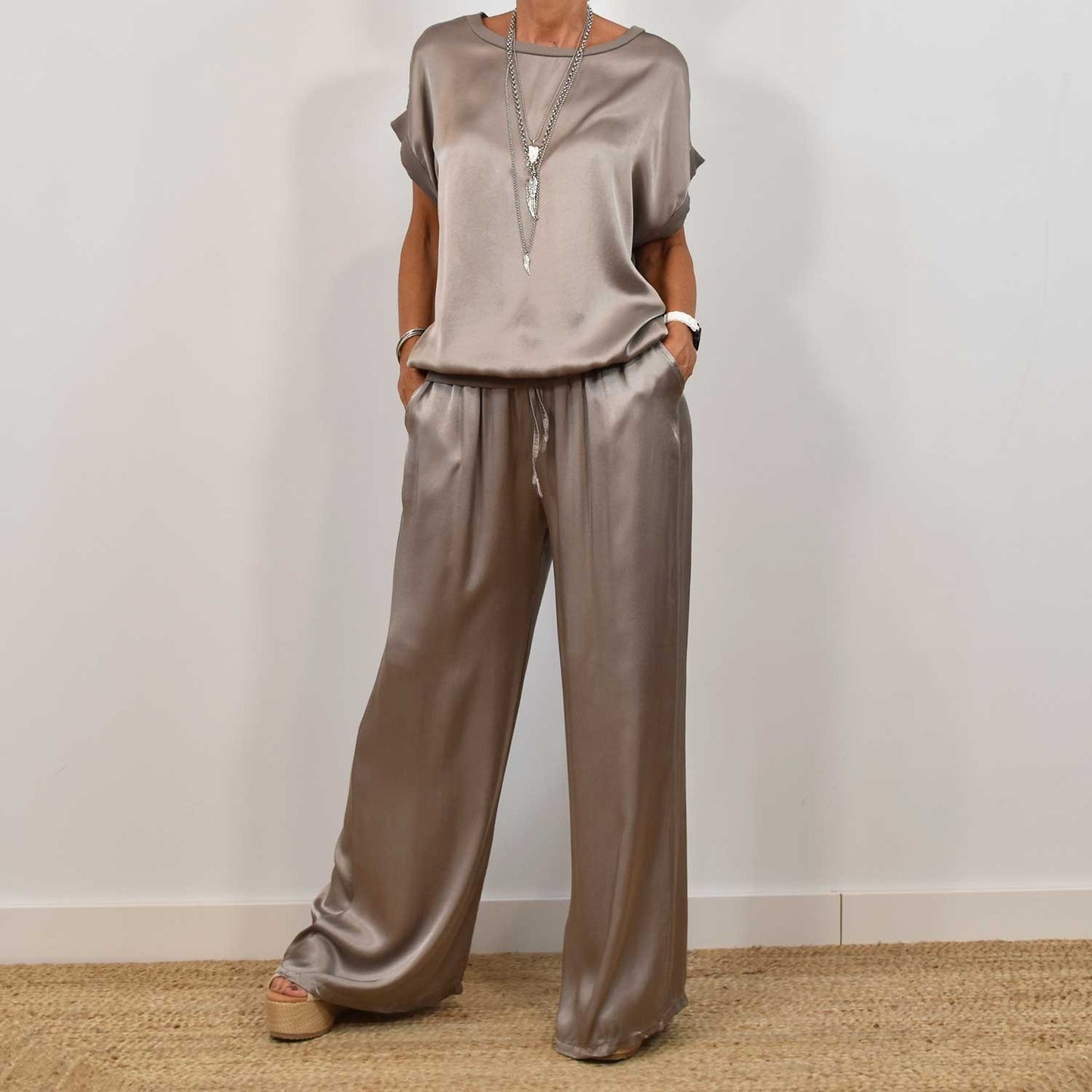 Chic Satin Set - Flowy Top & Wide Leg Pants