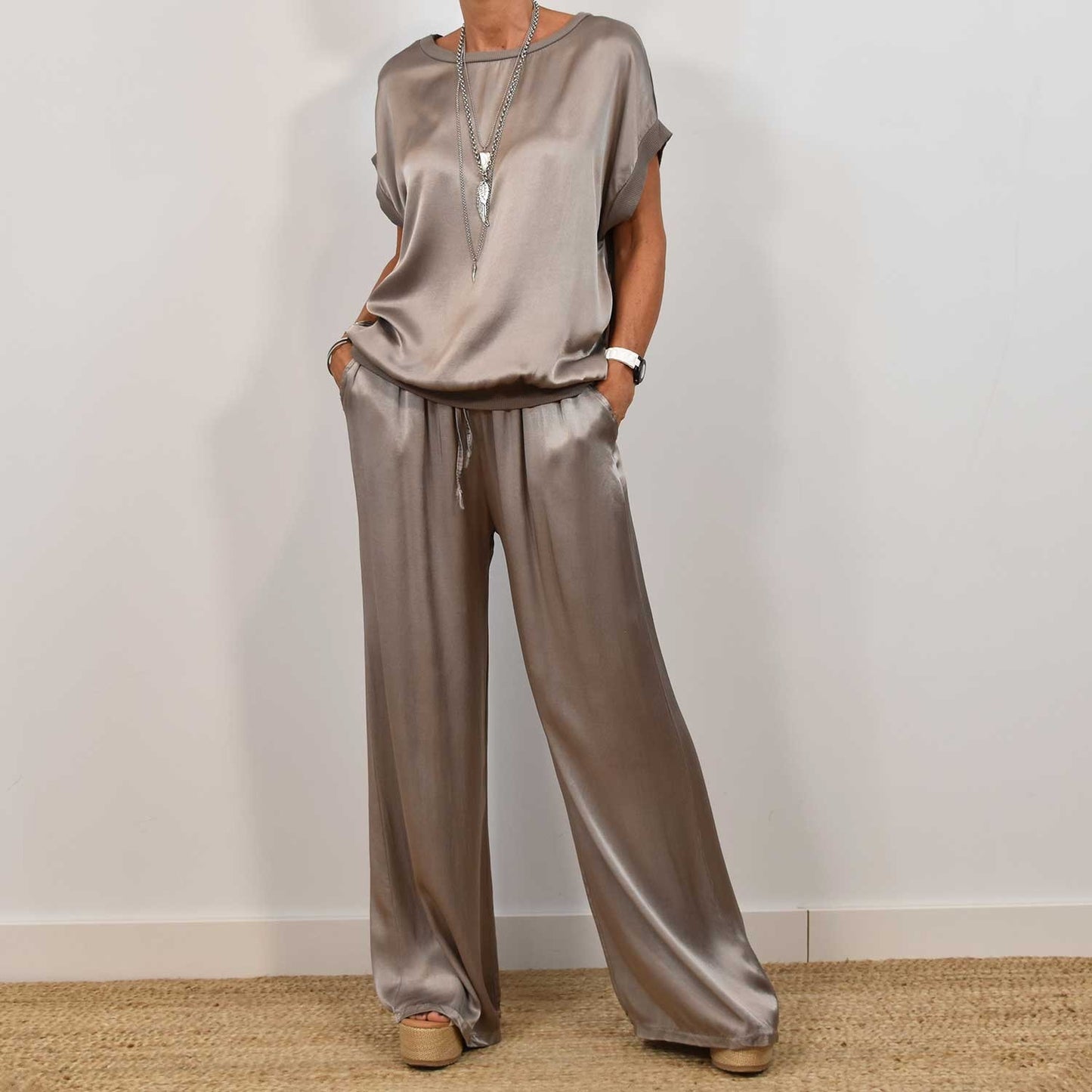 Chic Satin Set - Flowy Top & Wide Leg Pants