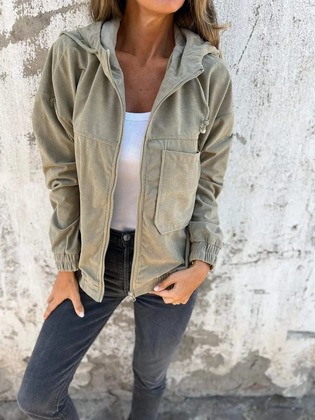 Sweat à Capuche zippé en Velours Côtelé Femme