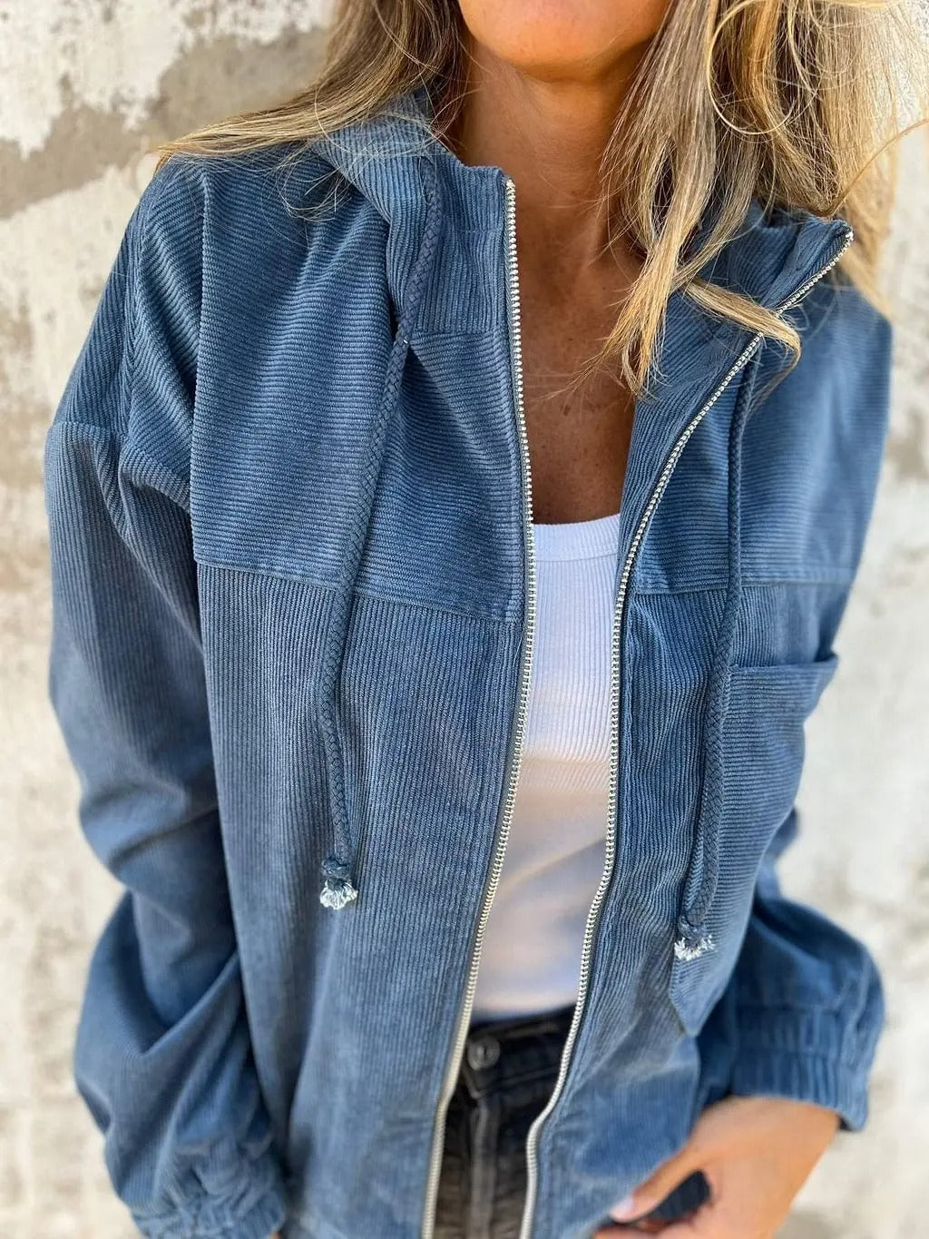 Sweat à Capuche zippé en Velours Côtelé Femme bleu