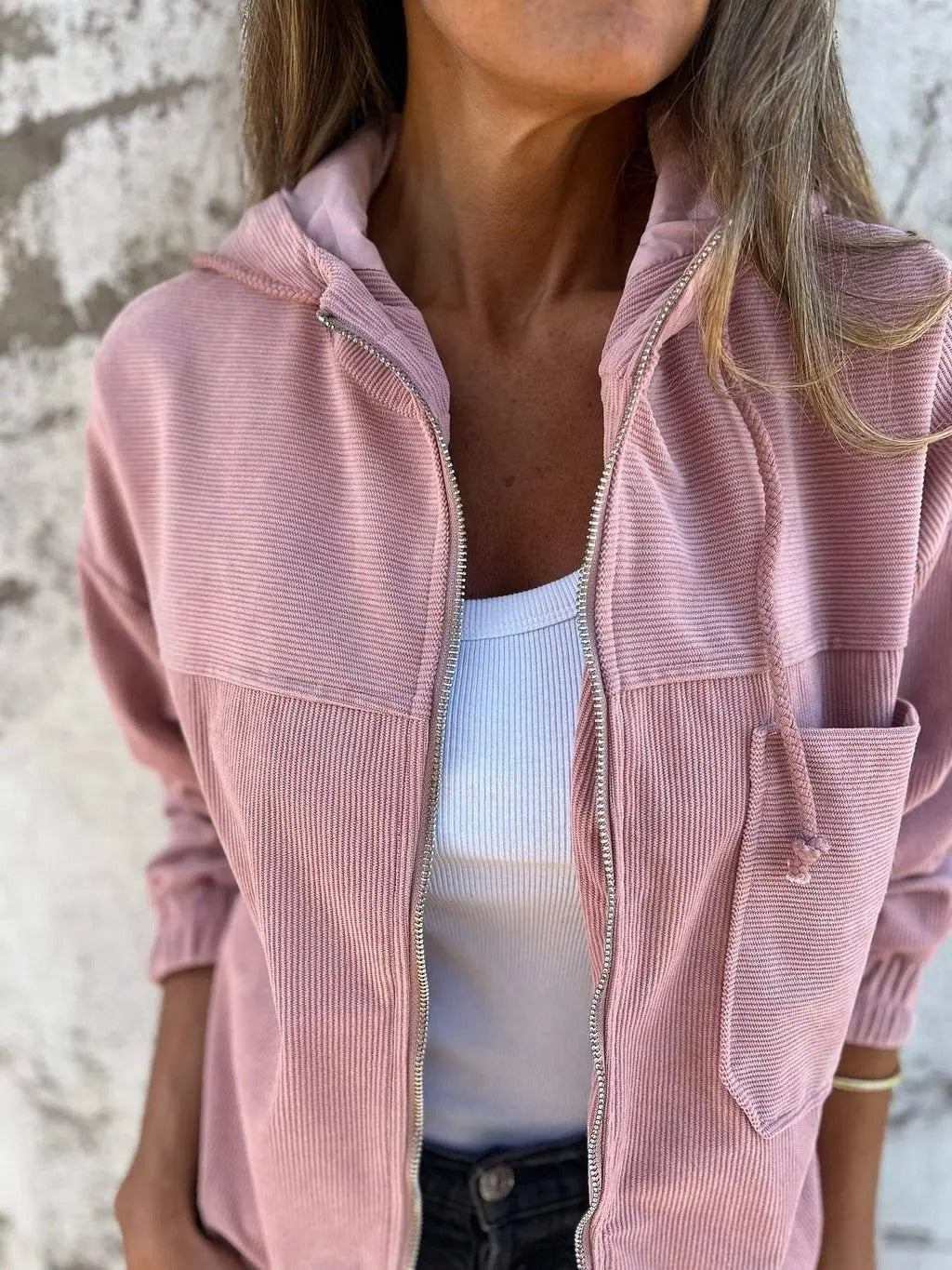 Sweat à Capuche zippé en Velours Côtelé Femme rose.