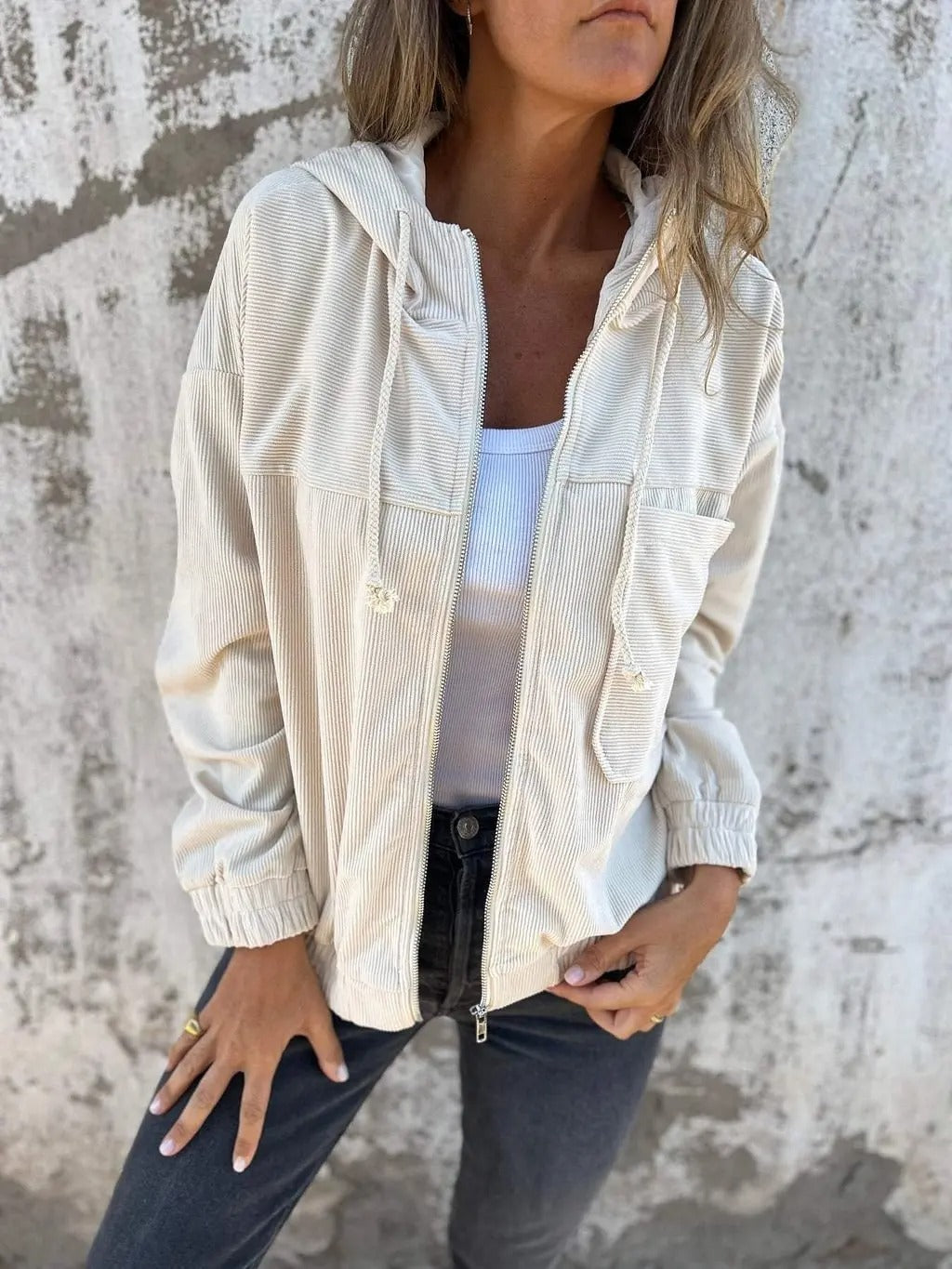 Sweat à Capuche zippé en Velours Côtelé Femme
