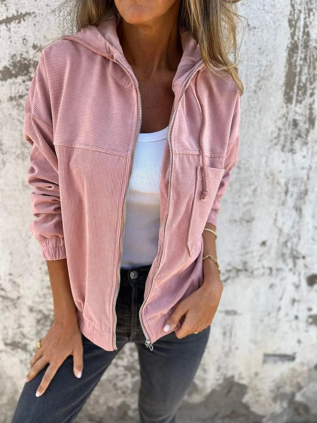 Sweat à Capuche zippé en Velours Côtelé Femme