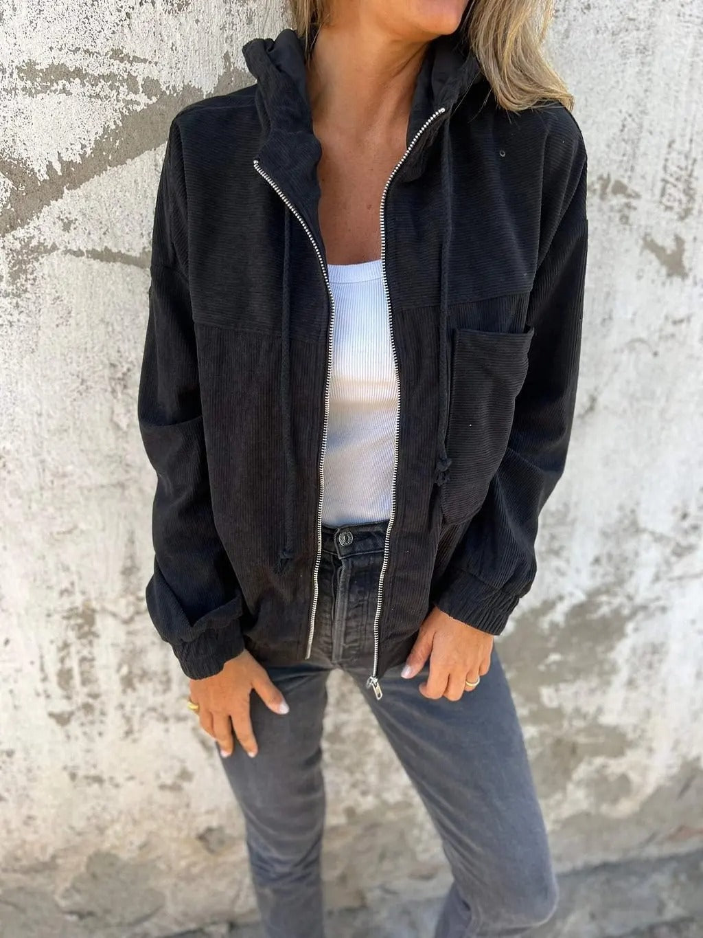 Sweat à Capuche zippé en Velours Côtelé Femme