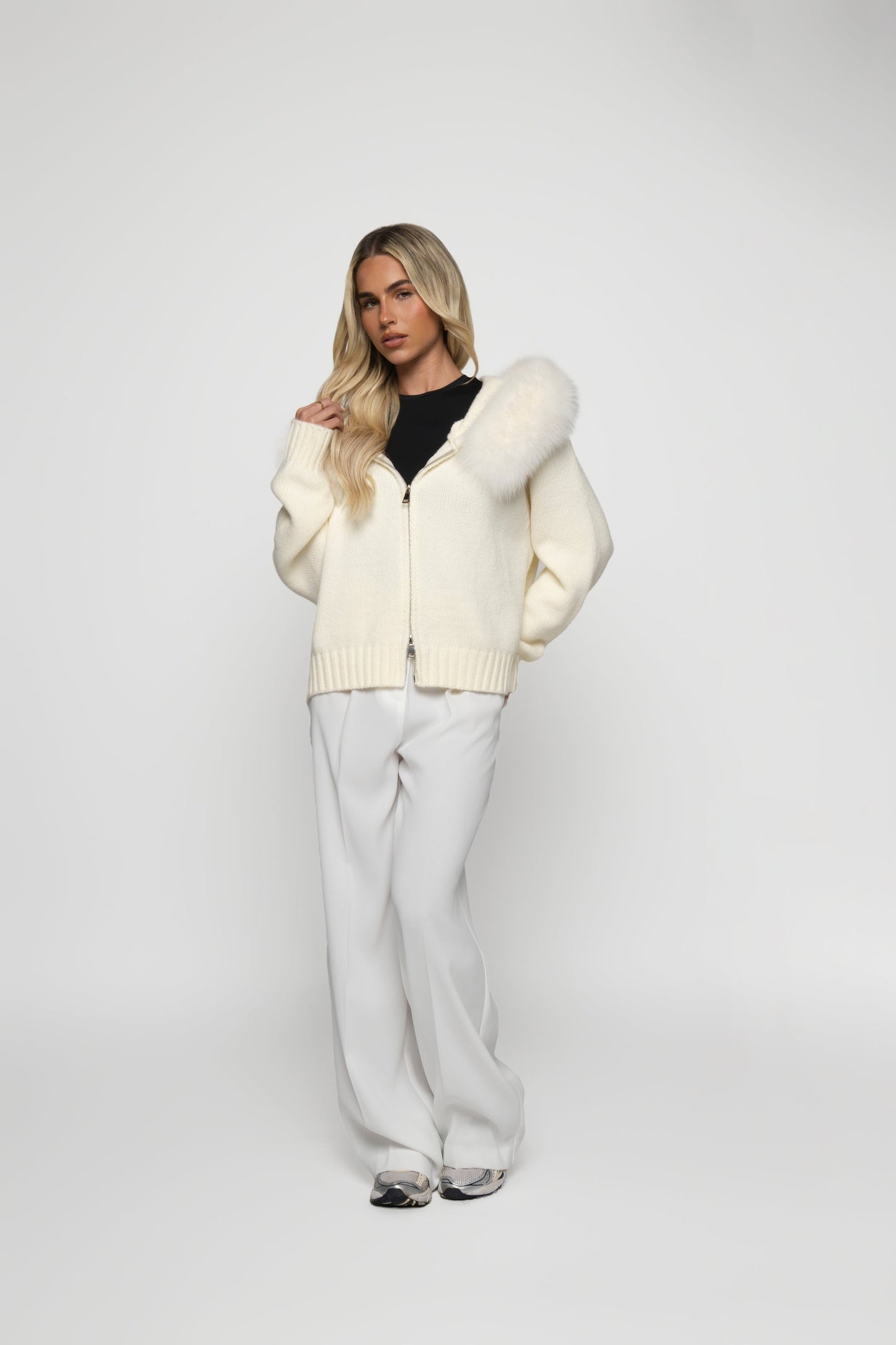 Veste en Laine avec Capuche en Fourrure