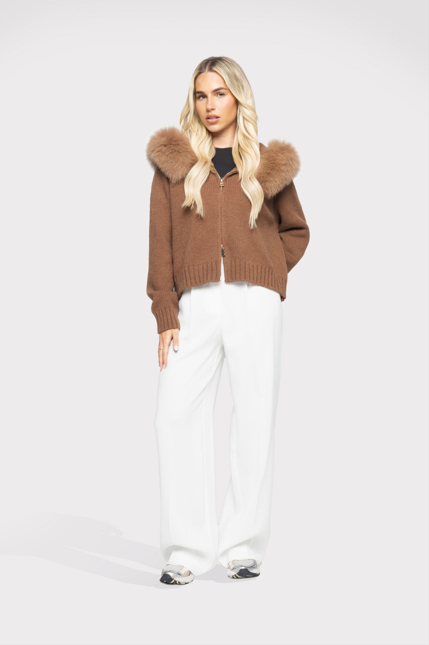 Veste en Laine avec Capuche en Fourrure