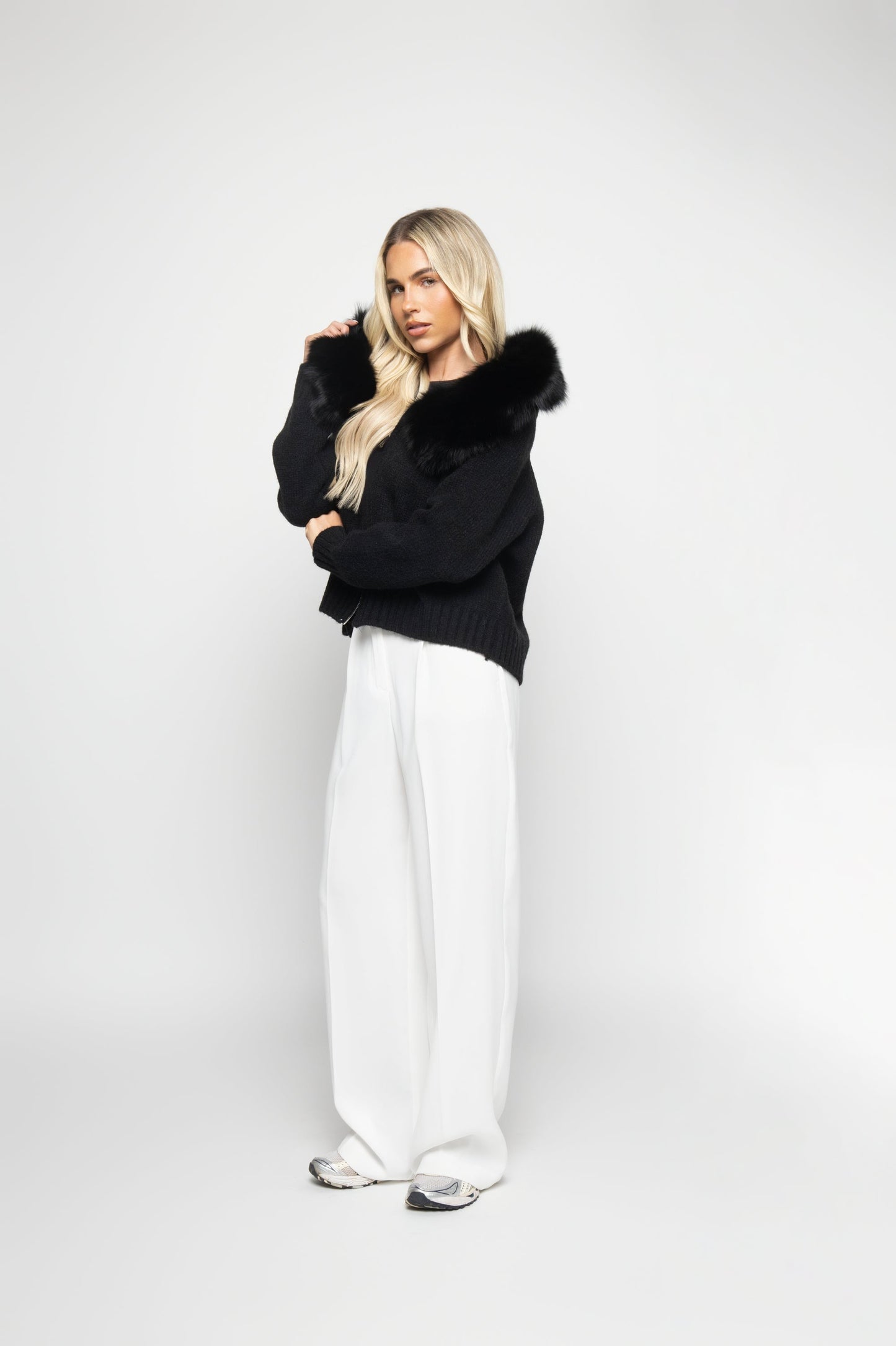 Veste en Laine avec Capuche en Fourrure