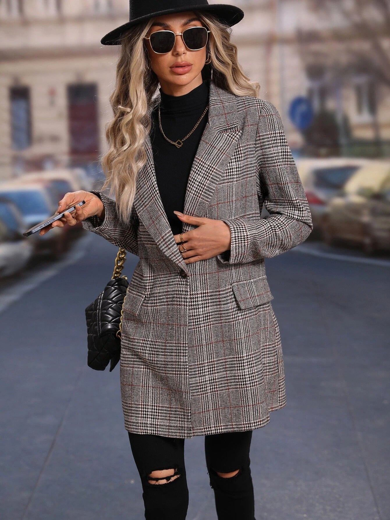 Blazer Femme Chic à Carreaux – Veste pour Femme en Polyester