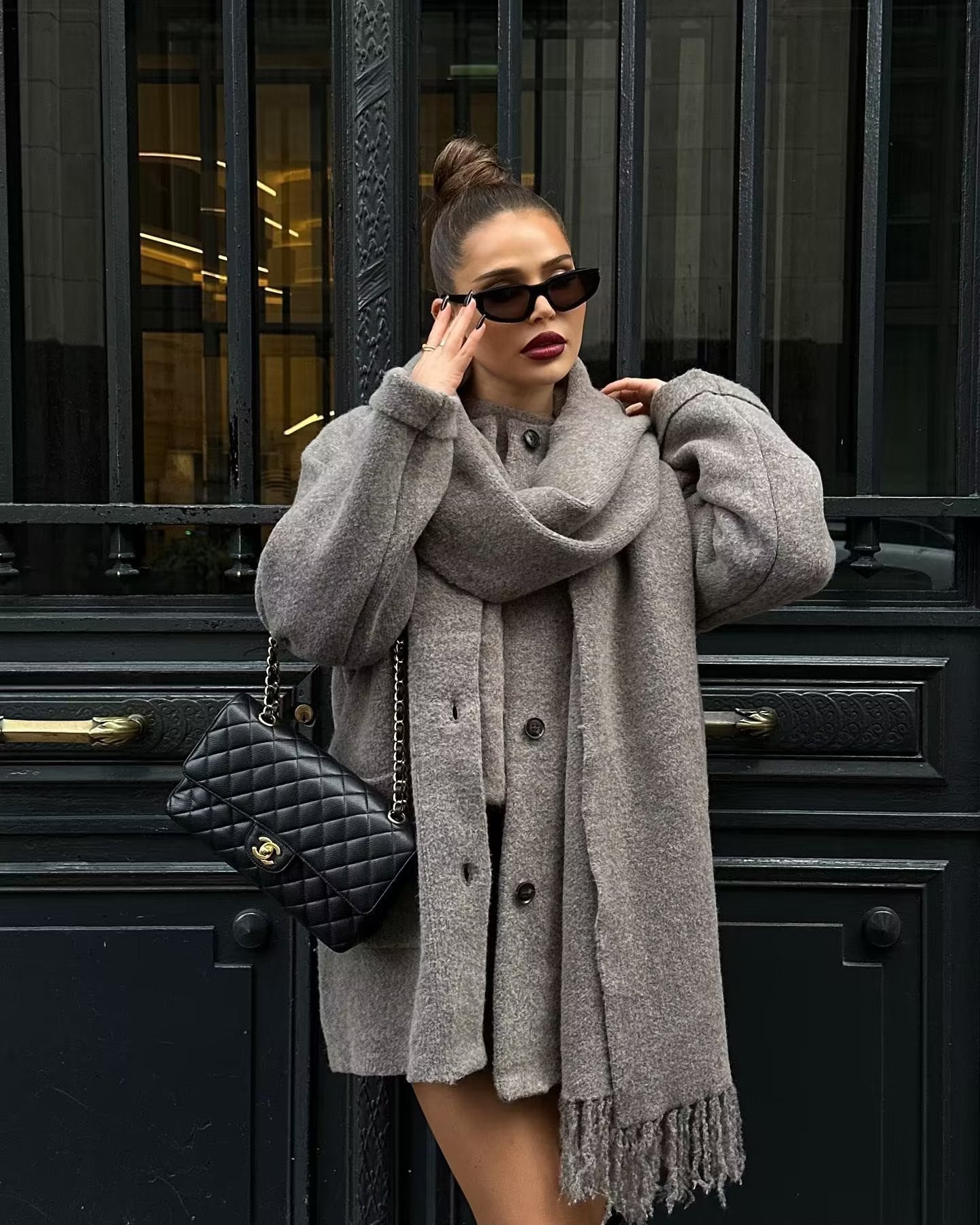 Elegant Long Coat with Integrated Scarf