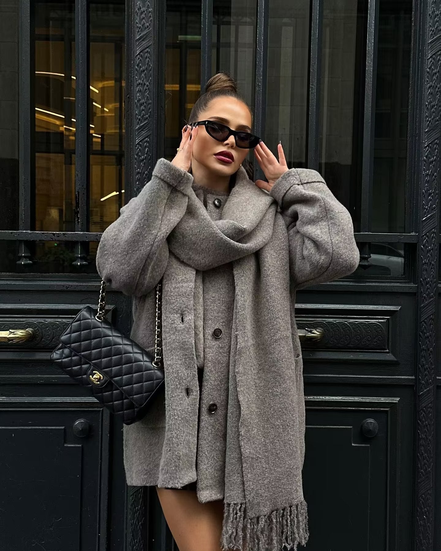 Elegant Long Coat with Integrated Scarf