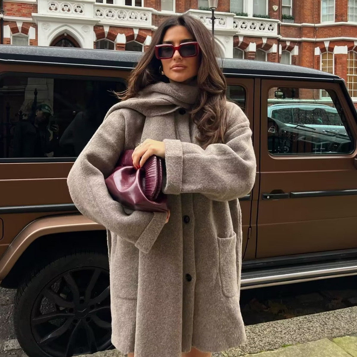 Elegant Long Coat with Integrated Scarf